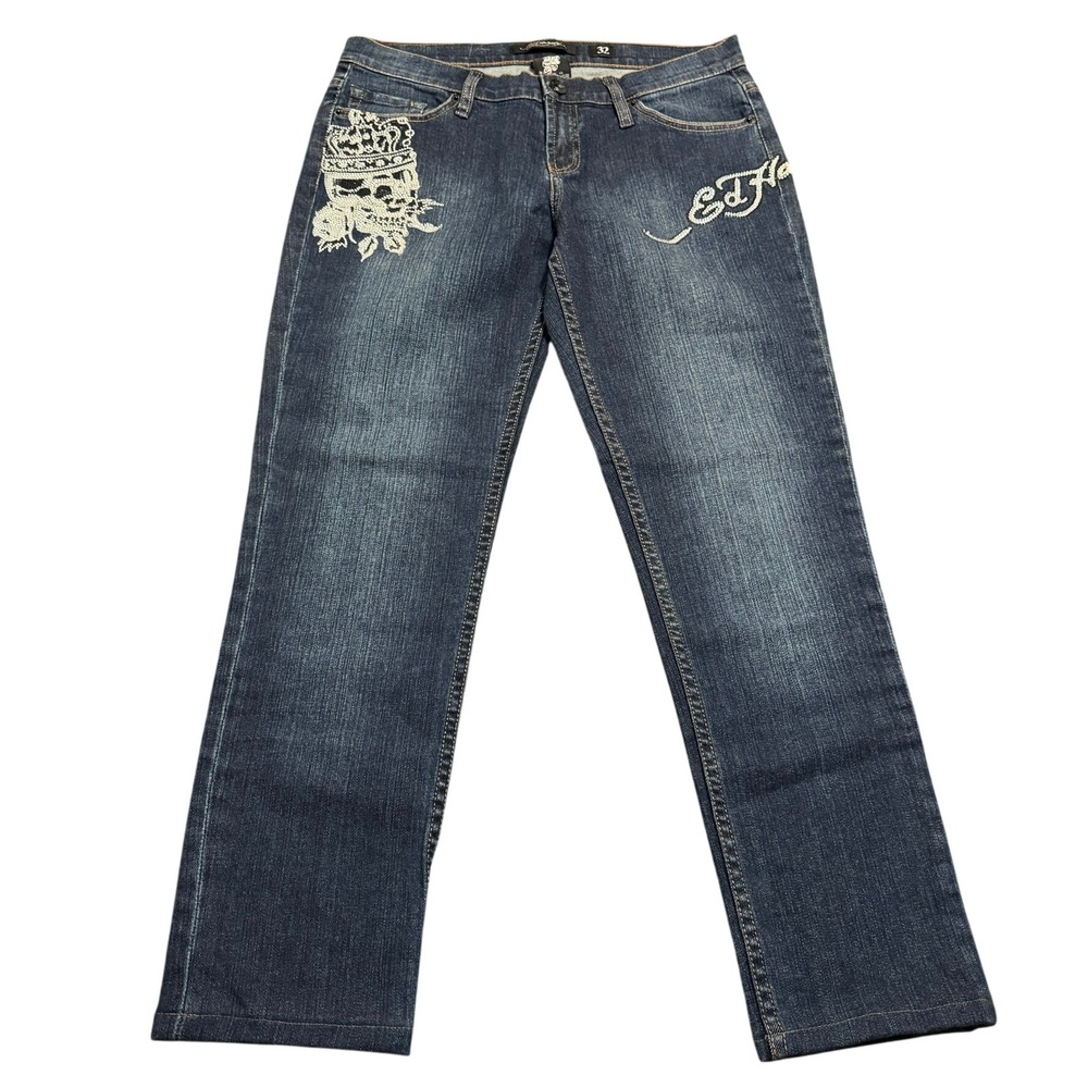 NWOT Ed Hardy straight leg Jeans Women's size 32 Denim embellished rhinestones